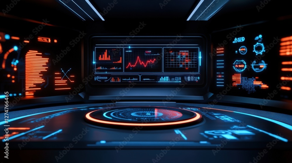 Poster a modern, high-tech control room featuring futuristic screens displaying data analytics and graphs i