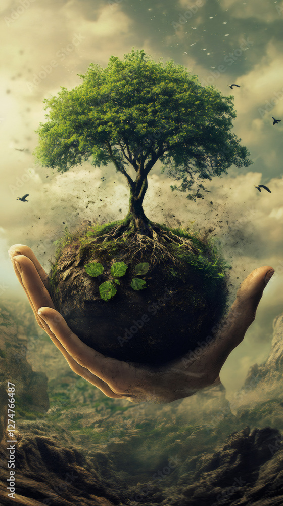 Aufkleber surreal image of a giant hand holding a small planet with a growing tree, symbolizing environmental 
