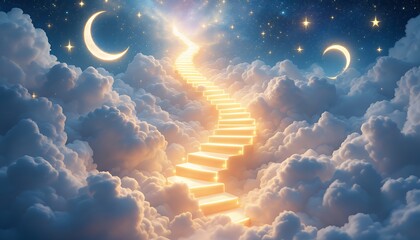 Glowing Stairway Leading to Heaven Among Clouds and Stars