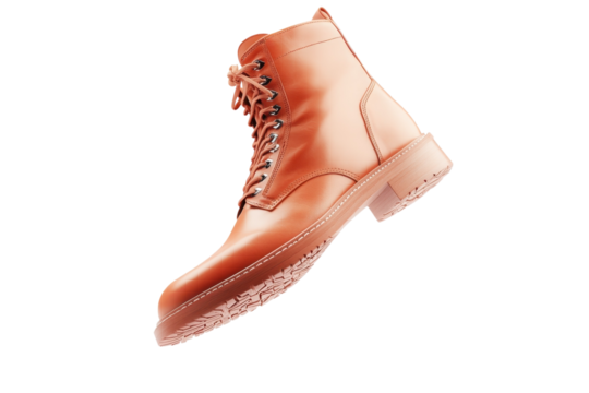 A floating leather boot showcasing craftsmanship and style against a minimalistic backdrop isolated on transparent background