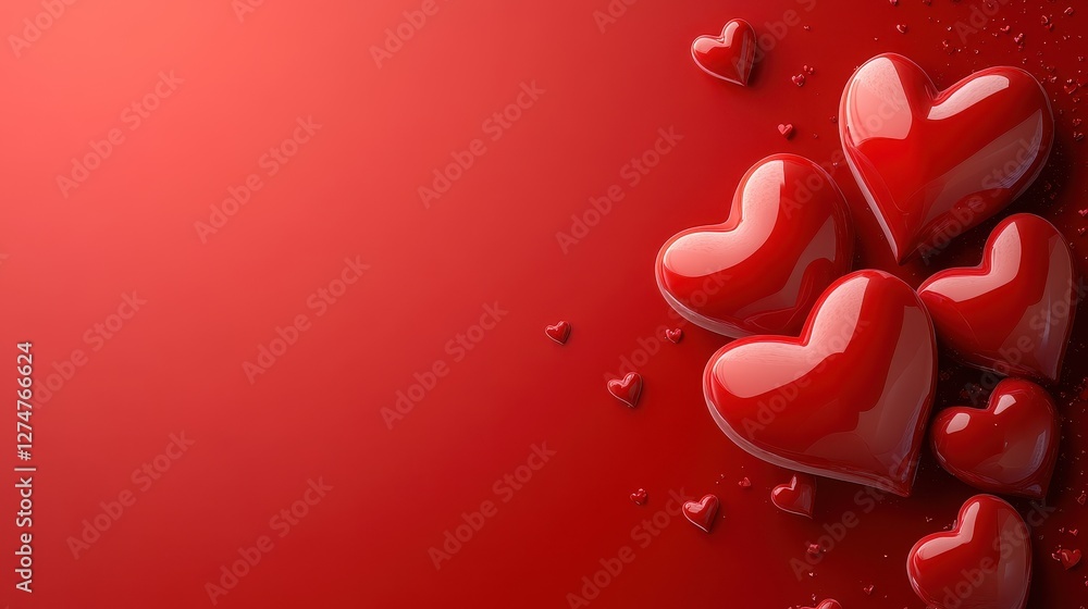 Poster Glossy red hearts cluster on gradient red background with smaller hearts and light reflection
