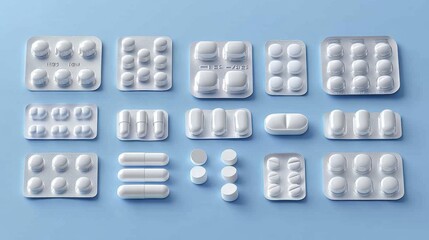 Various blister packs of white pills arranged on light blue background for medical and pharmaceutical use