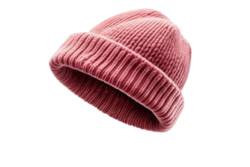 A cozy pink knitted beanie floating gracefully against a minimalist white backdrop isolated on transparent background