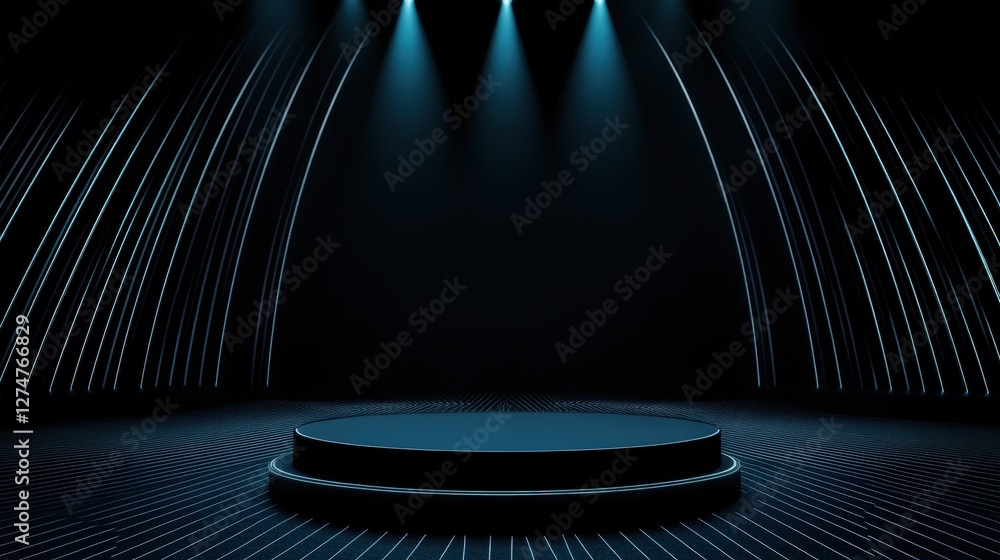 Poster a modern stage setup featuring a circular platform and ambient blue lighting. ideal for events, pres