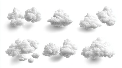 Collection of six realistic white fluffy cloud shapes on white background