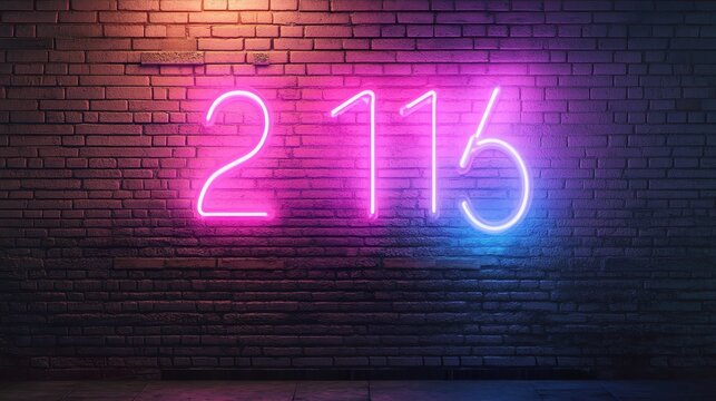 Neon numbers 2115 glowing on brick wall at night