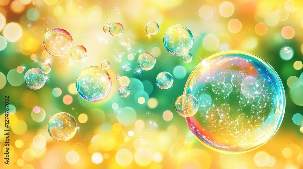 Poster ethereal soap bubbles floating in sunlit colorful background with sparkling bokeh