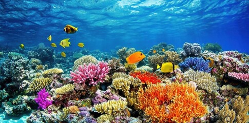 Fototapeta premium Coral Reef Thrives with Fish, Colorful Ecosystem Biodiversity