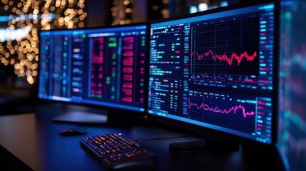 A modern workspace featuring multiple monitors with data analytics and financial graphs, highlighting the importance of technology in financial decision-making.