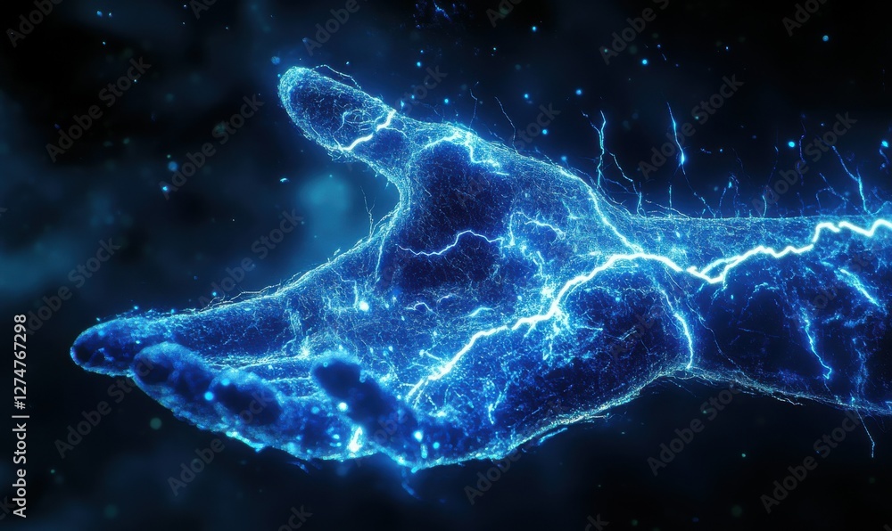 Aufkleber abstract digital rendering of a glowing hand made of lightning, vibrant blue tones creating a powerf