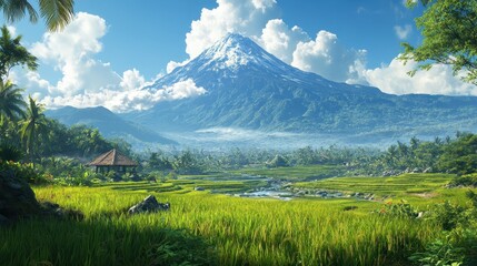Fototapeta premium Lush green rice fields with mountain and blue sky in tropical landscape