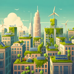 Obraz premium Green eco city concept with buildings covered in plants, solar panels, and wind turbines for sustainable living