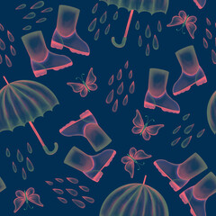 Neon elements, cartoon style, rainy day seamless pattern with umbrellas, rubber boots, raindrops, butterflies, wind and water elements, hand drawn texture for textile, wallpaper and fabric design