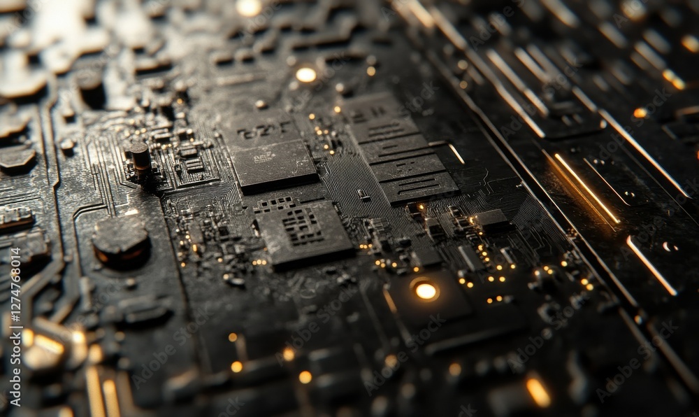 Poster close-up of an isolated cpu chip resting on a sleek metallic surface, intricate circuit lines glowin
