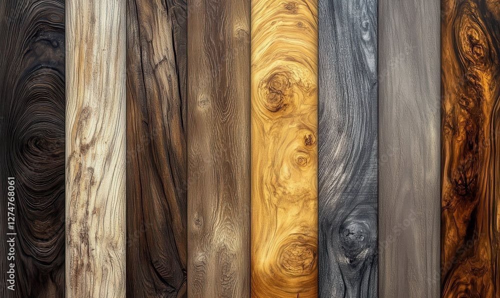 Poster a zoomed-in view of a wooden plank displaying its distinct and elaborate grain patterns, emphasizing