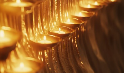 Golden lit candles in a row creating warm, peaceful ambiance.