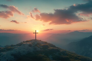 Fototapeta premium A cross on top of the mountain with a sunset in the background Christian cross symbol, a concept for Easter and Christmas copy space banner for your text Generative AI