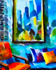Abstract Framed Picture Hanging in Living Room