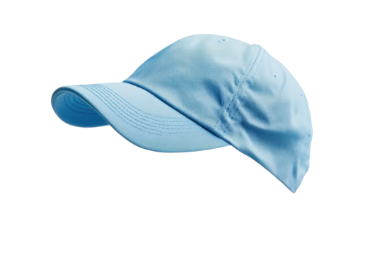Light blue cap elegantly floating in mid-air against a simple white background isolated on transparent background