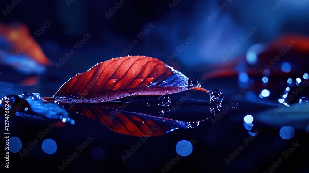 Poster a serene close-up of a vibrant red leaf floating gracefully on dark water, surrounded by soft reflec