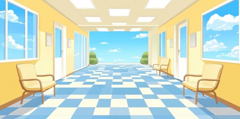 Fototapeta premium Empty Hallway Invites with Checkered Floor and Waiting Chairs, Sunny Day and Open Sky Views, Tranquil Waiting Area