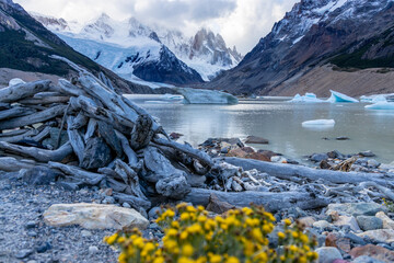 Majestic snow-capped mountains Cerro Torre in Patagonia, Argentina, El Chalten, tower over a...