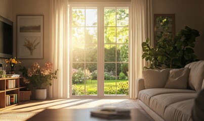 Cozy living room with large glass doors opening to a sunlit garden, warm beige tones, and soft textures.