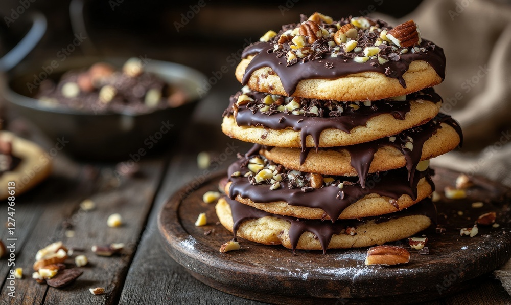 Poster an appetizing stack of cookies drizzled with chocolate and sprinkled with chopped nuts on a rustic w