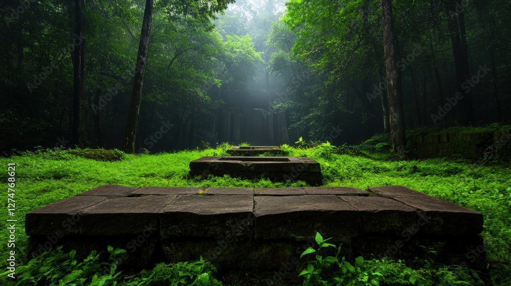 Poster a serene forest scene featuring ancient stone structures, surrounded by vibrant greenery and soft su