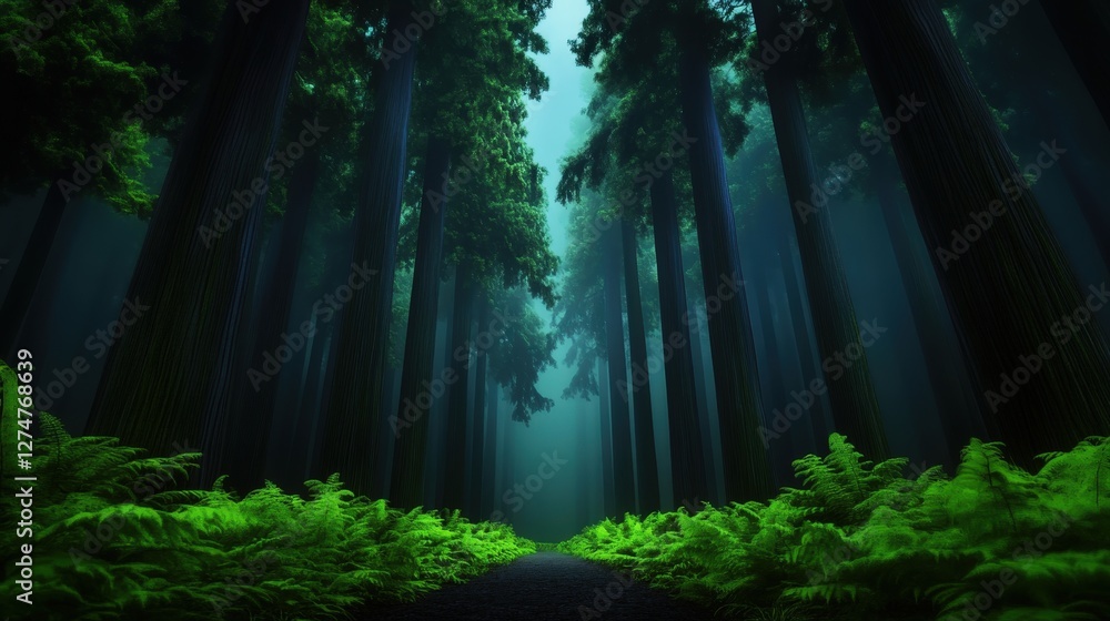 Poster a serene forest scene featuring tall trees surrounded by lush ferns. the dappled light filters throu