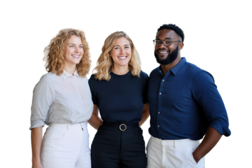 Group of three business professionals posing in a brightly lit isolated environment, showcasing a friendly atmosphere and strong teamwork spirit, dressed in stylish attire