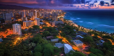 Fototapeta premium Coastal City Illuminates at Dusk with Vibrant Nightlife and Ocean Views, Scenic Twilight.