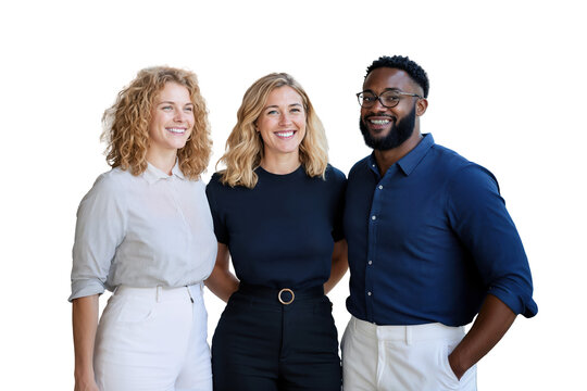 Group of three business professionals posing in a brightly lit isolated environment, showcasing a friendly atmosphere and strong teamwork spirit, dressed in stylish attire