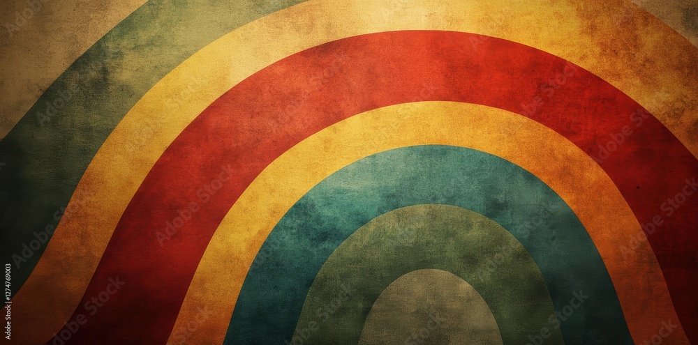 Poster colorful arcs form a retro rainbow with grunge texture and design elements