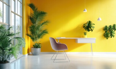 Creative modern workspace with vibrant colors, minimalist furniture, and potted greenery creating a lively and inspiring office environmen