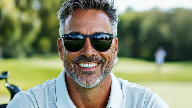 Smiling man in sunglasses enjoying sunny day on green golf course outdoors