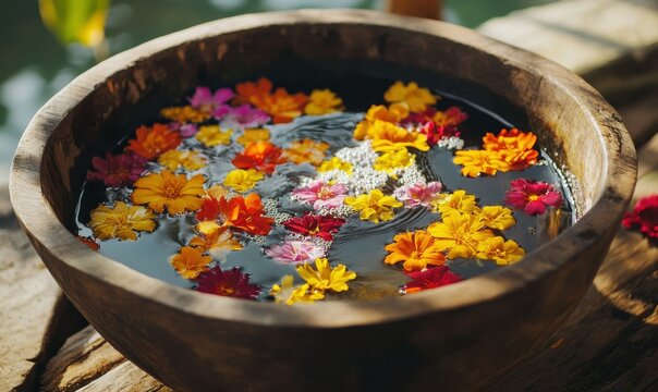 Ayurvedic herbal bath with floating petals and oils in a rustic spa, relaxation, rejuvenation