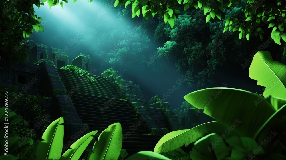 Poster a serene jungle scene with lush green foliage surrounding ancient stone steps, illuminated by soft r