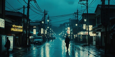 Person Walks Down Rainy Street at Night with Reflections, City Night, Urban, Rainy Night, Japan Street