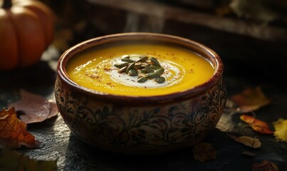 Freshly made pumpkin cream soup in a ceramic bowl, decorated with a drop of cream and pumpkin seeds, served on a dark stone surface, creating a cosy autumn atmosphere
