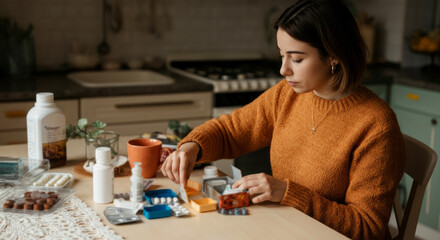 A woman is sitting at a table with a variety of items