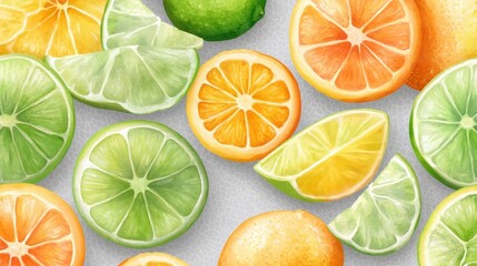 Vibrant citrus fruits pattern with various sliced oranges, limes, lemons, and grapefruits