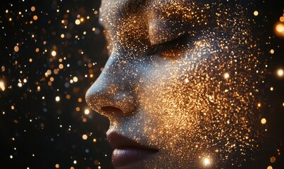 Starry face with glittering cosmic sparkles in serene darkness.