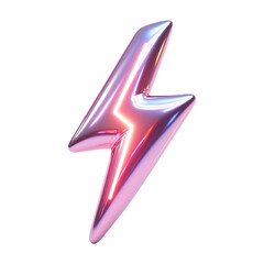 3D Metallic Lightning Bolt Icon with Fluid Holographic Iridescent Energy Render and Lightning Effects on Transparent Background