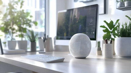 Modern home office workspace with smart speaker, computer, and plants. Ideal for showcasing technology and design