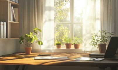 Minimalist home office with a wooden desk, potted plants, and large windows offering natural light.