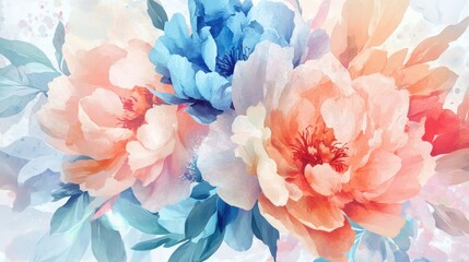 Vibrant watercolor floral artwork with peonies in pink and blue tones, leafy background