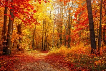 Fototapeta premium Colorful autumn foliage showcases vibrant reds, oranges, and yellows in a tranquil forest setting during peak fall season