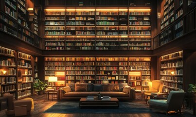 Luxurious library with cozy seating and warm ambient lighting.