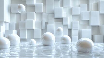 Abstract white 3d cubes and spheres on reflective surface in modern geometric art